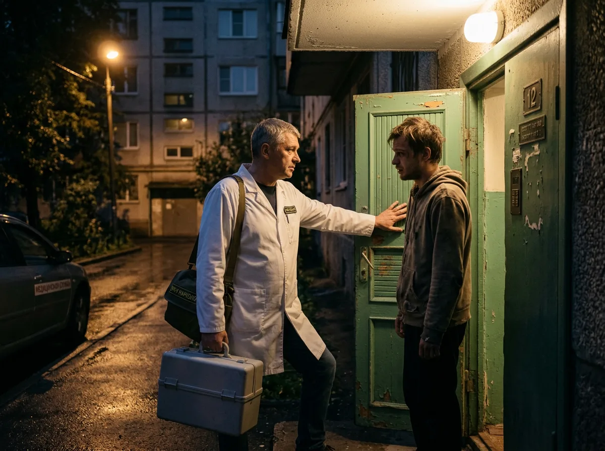 Врач-нарколог приезжает к пациенту на дом ночью, входная дверь, мягкое освещение, атмосфера доверия и срочной медицинской помощи